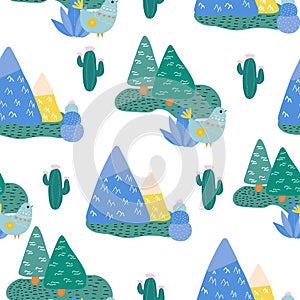 Blue and green mountains and trees, in a seamess patterb
