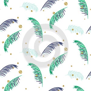 Blue and green palm leaves white seamless vector pattern.