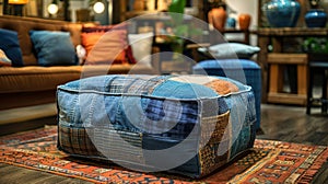 bohemian patchwork decor, a blue and green patchwork ottoman adds style and functionality to the bohemian sitting area photo
