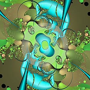 Blue green phosphorescent swirls fractal, abstract background