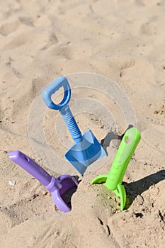 Blue, green and purple beach shovel stuck in the sand on a sunny