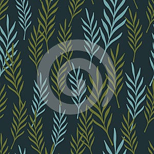 Blue and green random leaf twigs abstract seamless pattern. Dark navy blue background