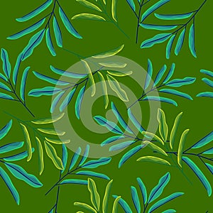 Blue and green random simple leaf branches ornament seamless pattern. Hand drawn botanic backdrop