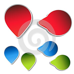 Blue, green, red arrow labels on white background. Simple arrow buttons. Pointer on web. Sign of next, read more, play, go etc. photo