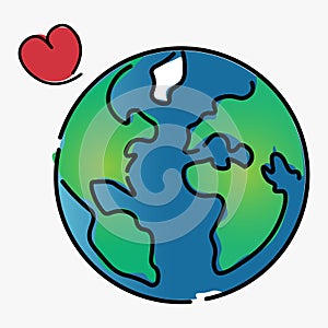 Blue, green and red color globe with love heart sign, international earth day template design, America and Europe continent