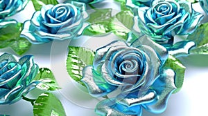 Blue And Green Rose Flowers Glitter Super Detail. Generative AI