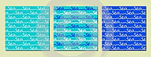 Blue-green sea pattern set. Seamless lettering.