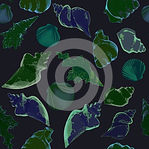 A blue and green shaded seashell repeat pattern