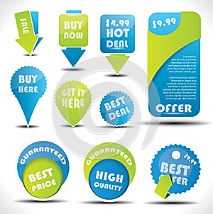 Blue and green special offer and sale labels