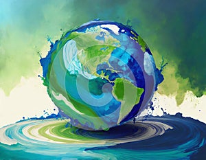Blue and green tone acrylic paint blob, creative global earth in colorful tone on digital art concept, Generative AI