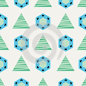 Blue and green triangles and hexagons on beige background seamless pattern.