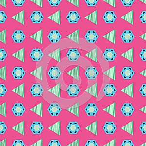 Blue and green triangles and hexagons on fuchsia background seamless pattern.