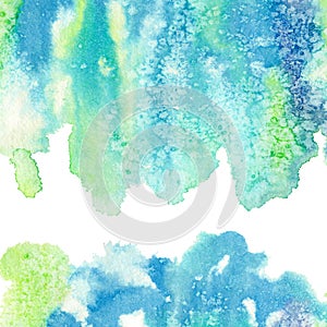 Blue and green watery frame .Abstract watercolor hand drawn illustration.