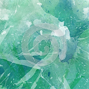 Blue green and white watercolor background illustration with paint spatter blotches and drips and watercolor wash texture design,