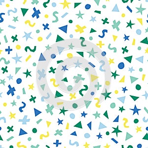 Blue green yellow abstract shapes seamless vector pattern. Triangles, dots, stars, and circles kids background