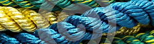 Blue Green Yellow Close Up Detailed Pattern Of Ropes Twine Panoramic Banner. Generative AI