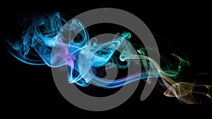 Blue, green, yellow smoke swirls on black background. Abstract background concept