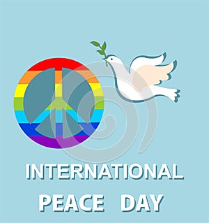 Blue greeting card with paper cut out dove and peace symbol with rainbow for International Peace day. Flat design