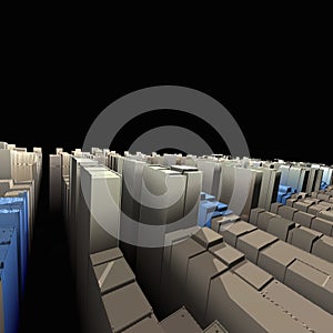 blue and grey 3D rendering from street level of the metropolis of the future