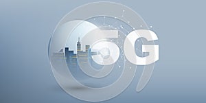 Blue Grey 5G Network Label with a Cityscape Inside of a Globe - Background High Speed Broadband Mobile Telecommunication