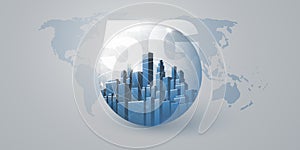 Blue Grey 5G Network Label with a Cityscape Inside of a Globe - Background High Speed Broadband Mobile Telecommunication