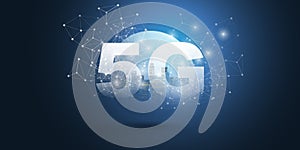 Blue Grey 5G Network Label with a Cityscape Inside of a Globe - Background High Speed Broadband Mobile Telecommunication