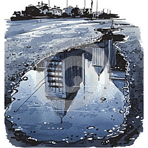 Blue and Grey City Reflection in a Puddle