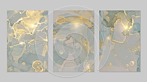 Blue-grey, and gold marble abstract backgrounds set