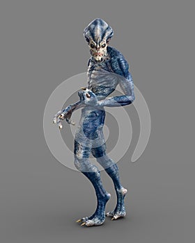 Blue grey humanoid alien creature looking back in aggressive pose. 3D illustration isolated on grey