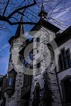 Blue and grey shot of the museum of history, Bern