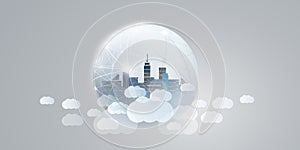 Blue, Grey and White Smart City, Cloud Computing Design Concept with Transparent Globe and Cityscape , Tall Buildings, Skyscrapers