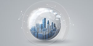 Blue, Grey and White Smart City, Cloud Computing Design Concept with Transparent Globe and Cityscape , Tall Buildings, Skyscrapers
