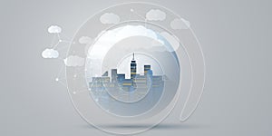 Blue, Grey and White Smart City, Cloud Computing Design Concept with Transparent Globe and Cityscape , Tall Buildings, Skyscrapers