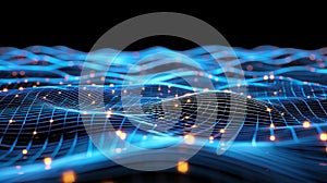 Blue Grid Wave, Tech Background, Data Flow Visualization, Abstract Technology