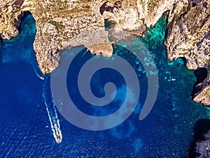 Blue Grotto in Malta. Aerial top view