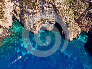 Blue Grotto in Malta. Aerial top view from Mediterranean Sea