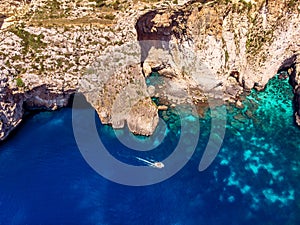 Blue Grotto in Malta. Aerial top view from Mediterranean Sea