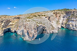 Blue Grotto in Malta, aerial view from the Mediterranean Sea to the island