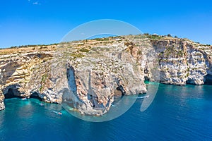 Blue Grotto in Malta, aerial view from the Mediterranean Sea to the island