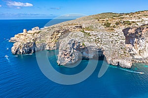 Blue Grotto in Malta, aerial view from the Mediterranean Sea to the island