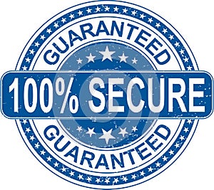 Blue guaranteed 100% secure rubber stamp internet sign on white