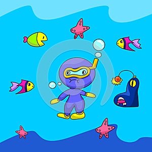 Blue Guy Diving in the Deep Blue Sea Cartoon Vector