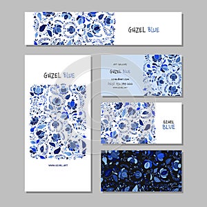 Blue gzhel ornament. Concept Art, frame and pattern background. Set of banners in one style hand drawn for your design