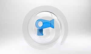 Blue Hair dryer icon isolated on grey background. Hairdryer sign. Hair drying symbol. Blowing hot air. Glass circle