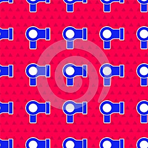 Blue Hair dryer icon isolated seamless pattern on red background. Hairdryer sign. Hair drying symbol. Blowing hot air. Vector