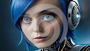 Blue-Haired Android Girl with Headphones