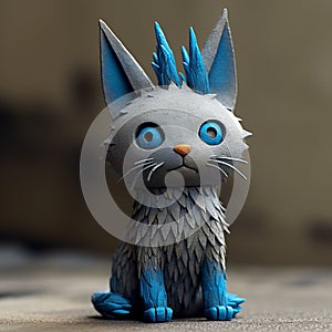 Blue-haired Ceramic Cat Figurine With Short Legs