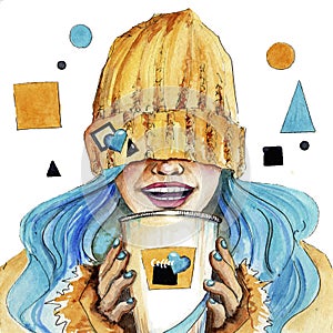 Blue-haired girl with invigorating coffee in her hands