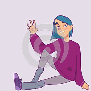 A blue-haired teenager in a pink hoodie and leggings, sitting full-length on the floor with one leg bent at the knee