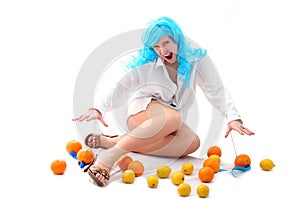 Blue hairs girl with fruits